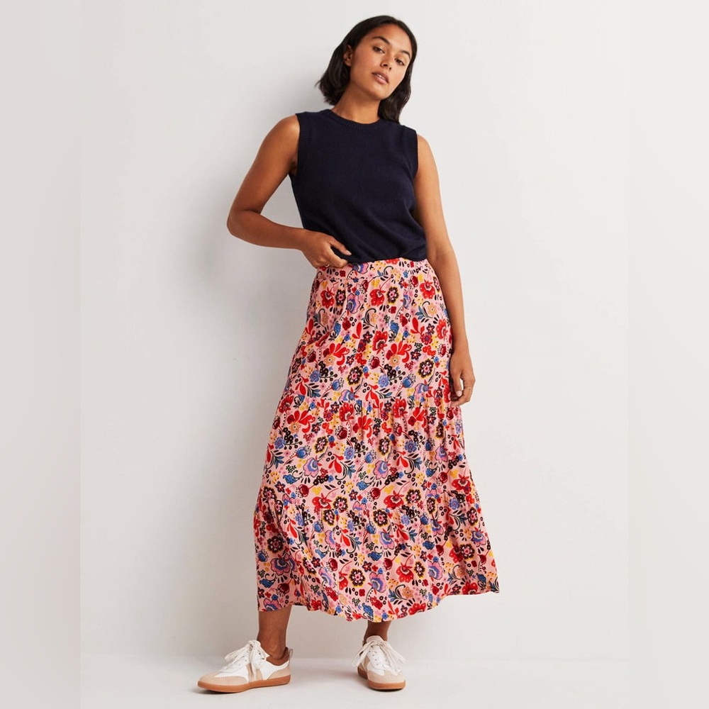Boden Pink Floral Tiered Midi Skirt with Red and Blue Accents